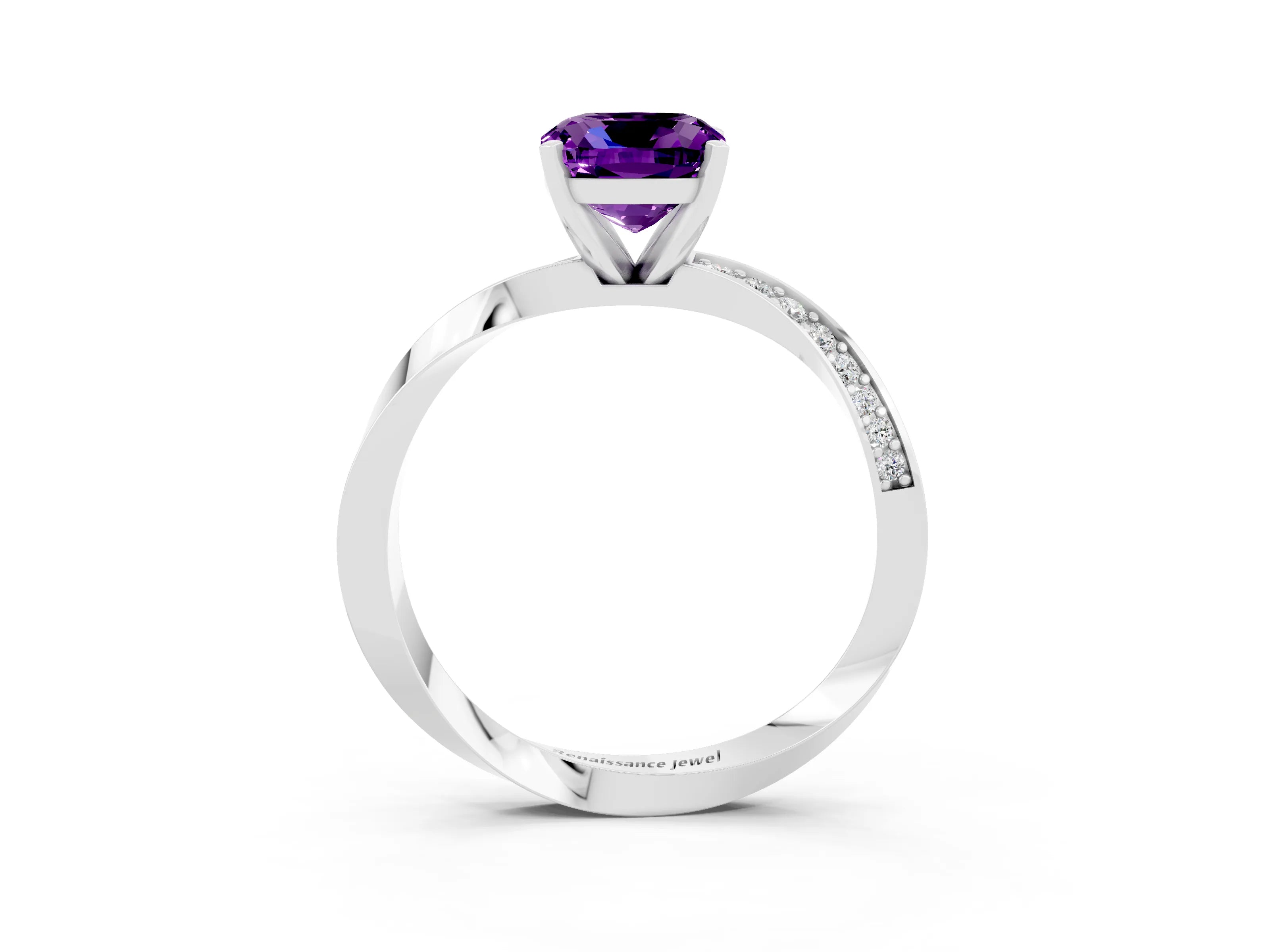 White gold Cushion Cut Amethyst Engagement Ring with Side Stone Accents and Four-Prong Setting_42