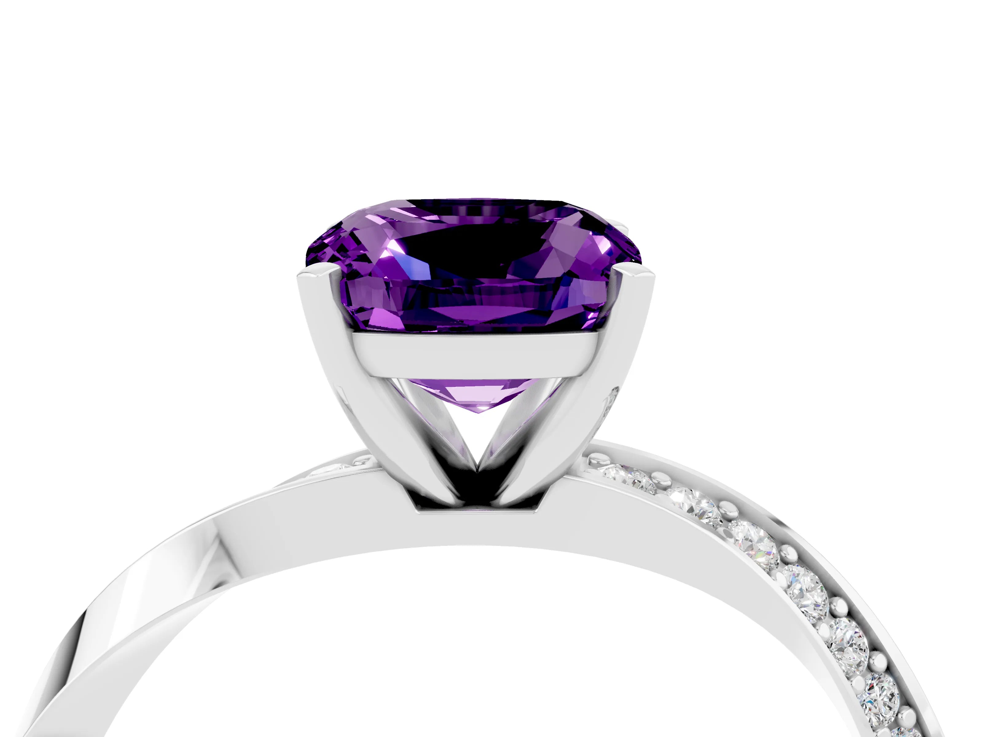 White gold Cushion Cut Amethyst Engagement Ring with Side Stone Accents and Four-Prong Setting_43