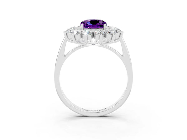 White gold Cushion Cut Amethyst Floral Double Halo Engagement Ring with Prong Setting
