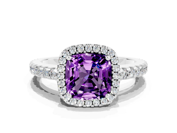 Platinum Cushion Cut Amethyst Halo Engagement Ring with Pavé Band and Prong Setting