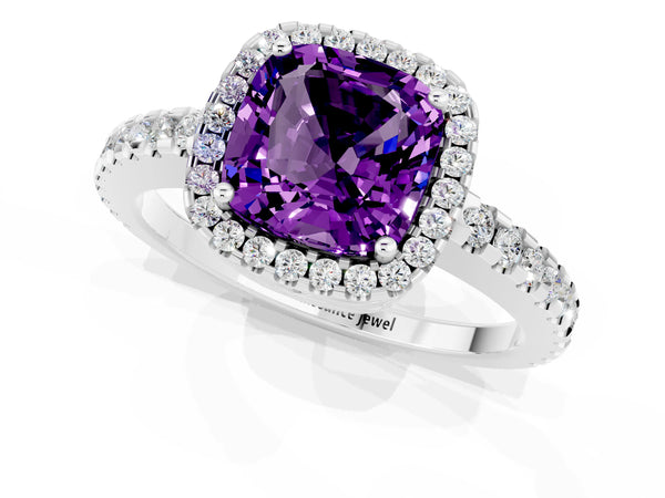 Platinum Cushion Cut Amethyst Halo Engagement Ring with Pavé Band and Prong Setting