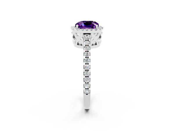 Platinum Cushion Cut Amethyst Halo Engagement Ring with Pavé Band and Prong Setting