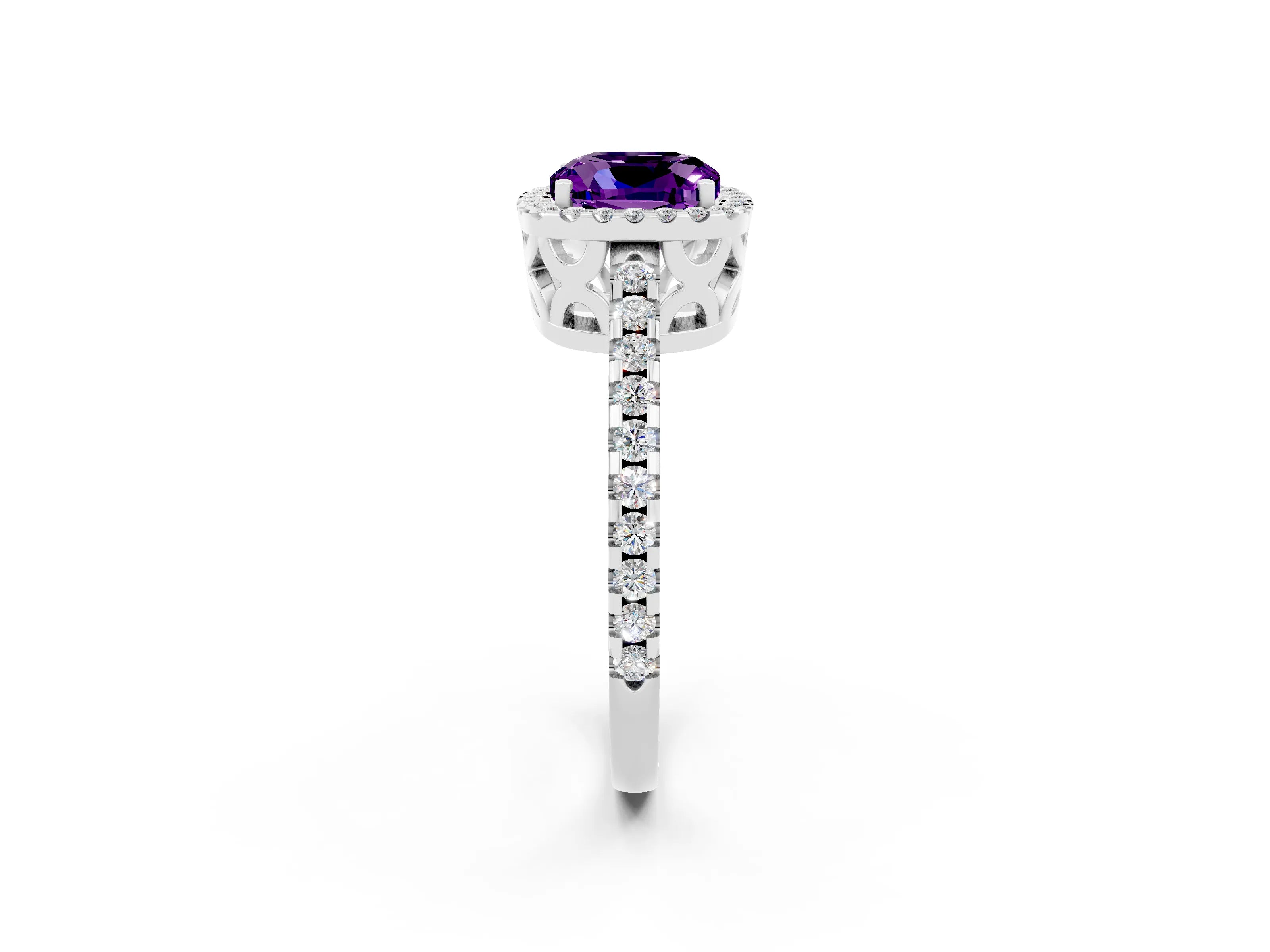 White gold Cushion Cut Amethyst Halo Engagement Ring with Pavé Band and Prong Setting_14