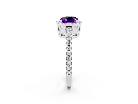 White gold Cushion Cut Amethyst Halo Engagement Ring with Pavé Band and Prong Setting_14