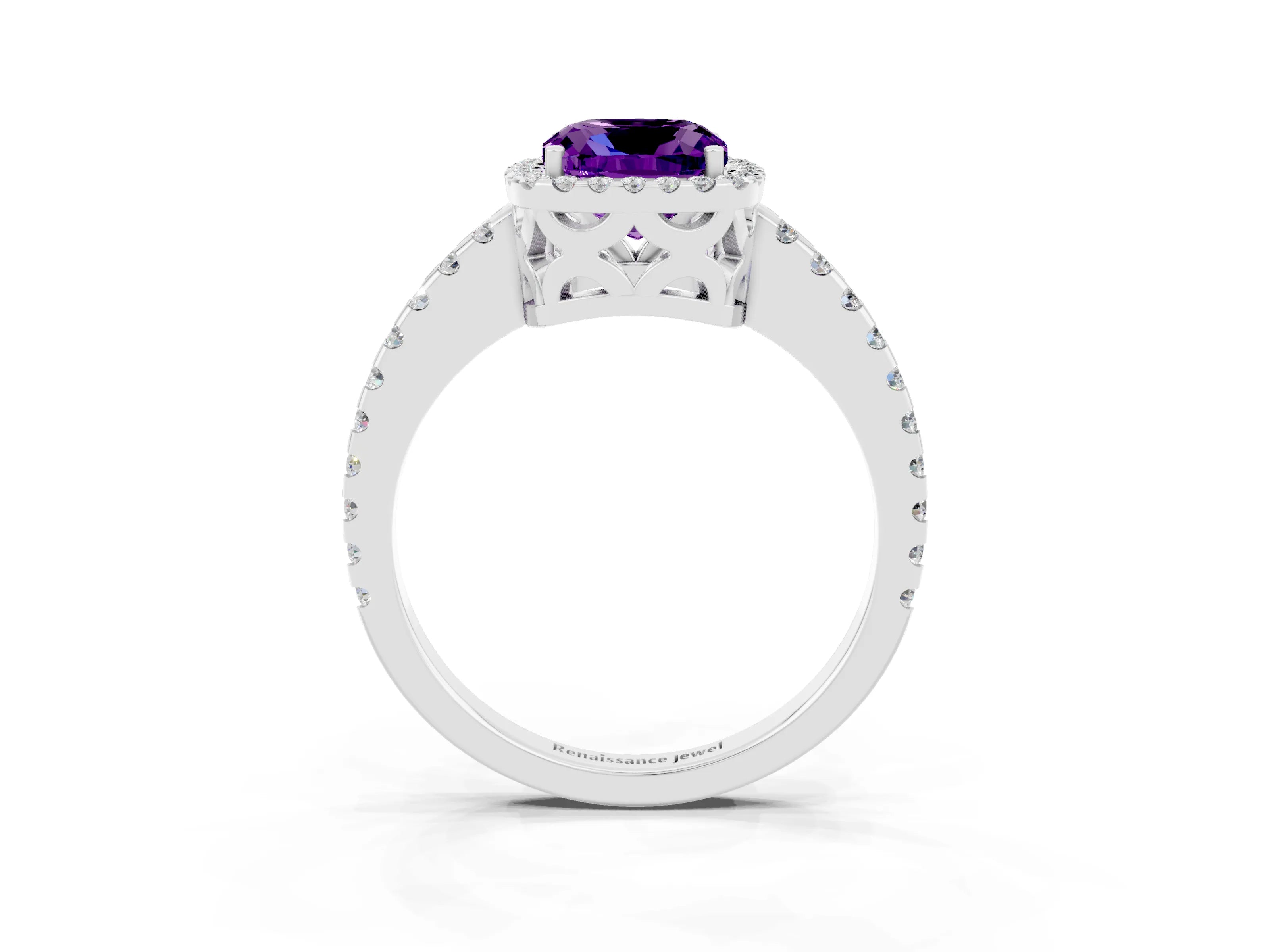 White gold Cushion Cut Amethyst Halo Engagement Ring with Pavé Band and Prong Setting_15