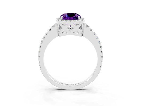 Silver Cushion Cut Amethyst Halo Engagement Ring with Pavé Band and Prong Setting