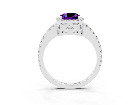 White gold Cushion Cut Amethyst Halo Engagement Ring with Pavé Band and Prong Setting_15