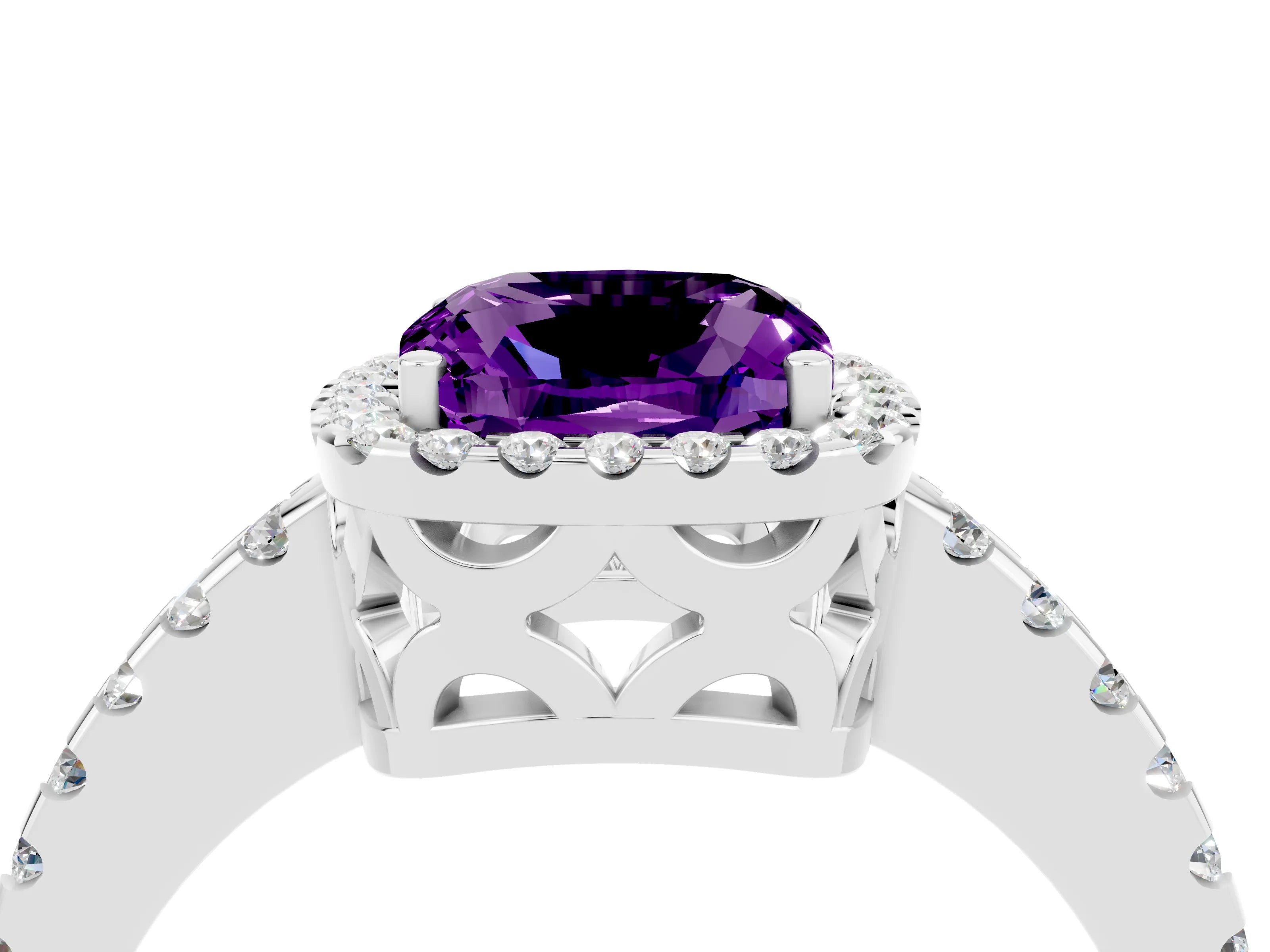 White gold Cushion Cut Amethyst Halo Engagement Ring with Pavé Band and Prong Setting_16