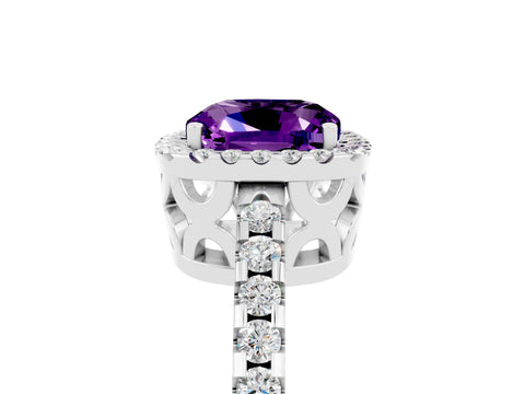 White gold Cushion Cut Amethyst Halo Engagement Ring with Pavé Band and Prong Setting_17