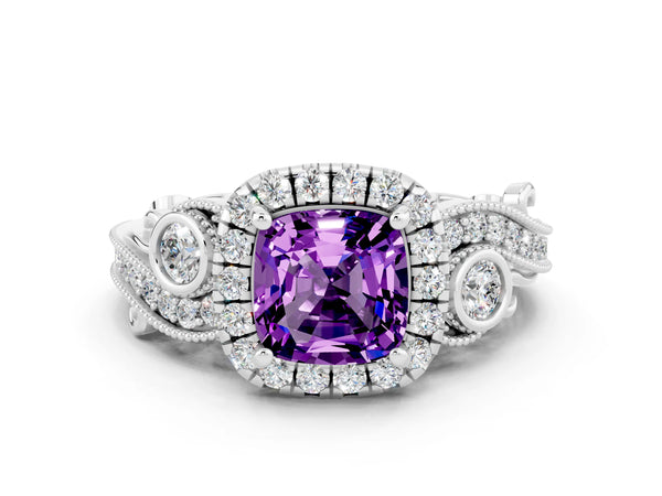 Silver Cushion Cut Amethyst Halo Ring with Milgrain Pavé Band and Four-Prong Setting