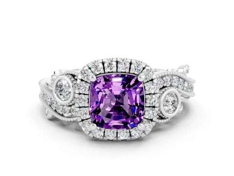 White gold Cushion Cut Amethyst Halo Ring with Milgrain Pavé Band and Four-Prong Setting_12