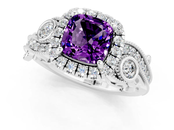 Platinum Cushion Cut Amethyst Halo Ring with Milgrain Pavé Band and Four-Prong Setting