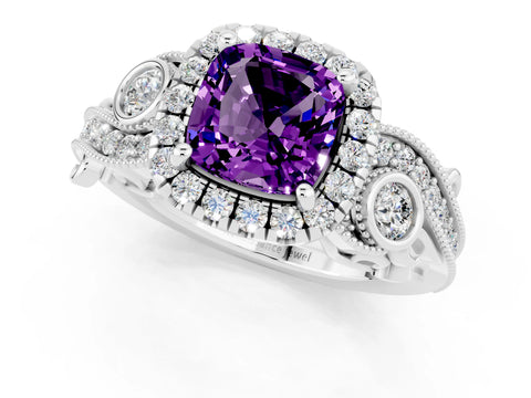 White gold Cushion Cut Amethyst Halo Ring with Milgrain Pavé Band and Four-Prong Setting_13