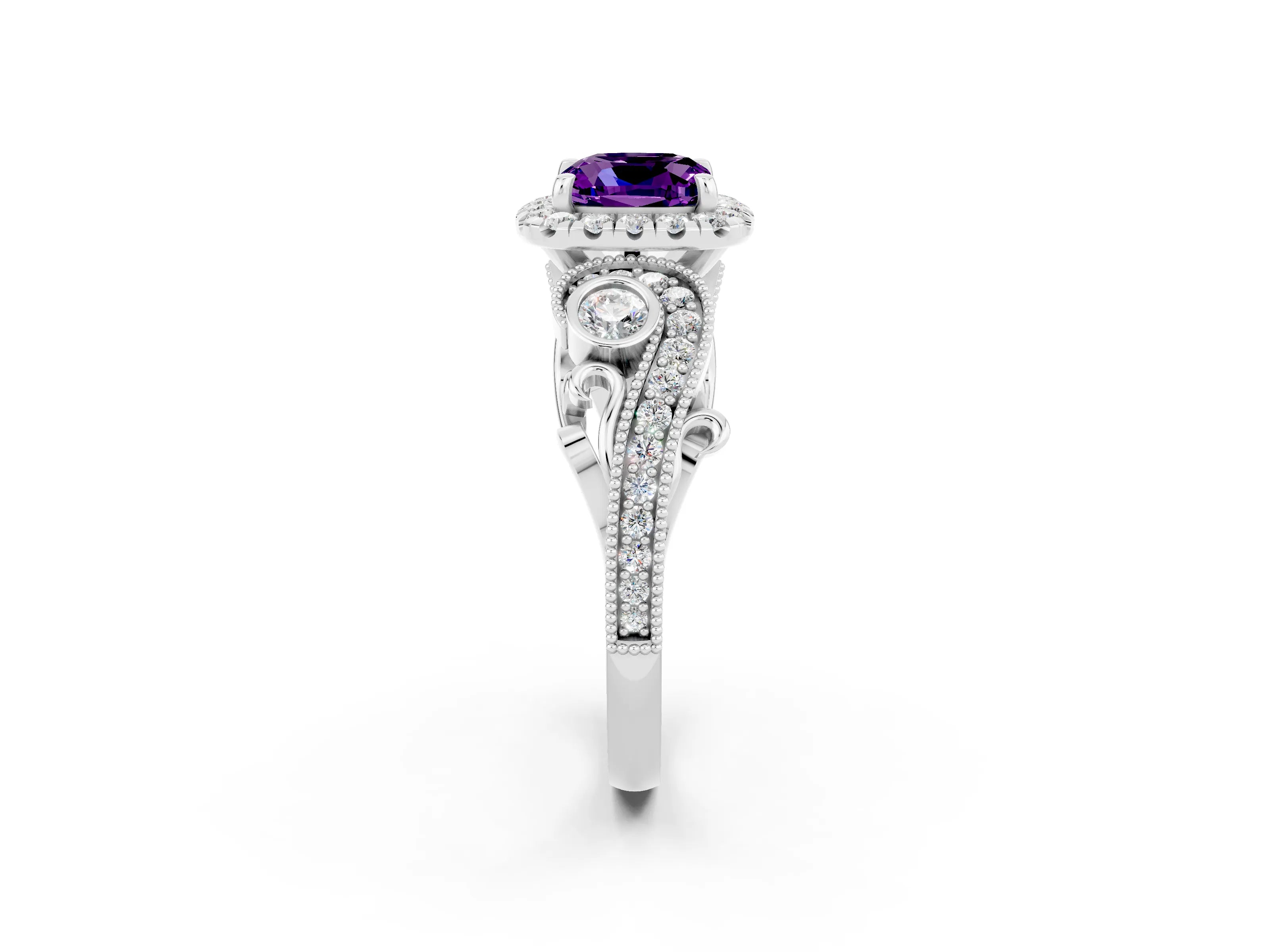 White gold Cushion Cut Amethyst Halo Ring with Milgrain Pavé Band and Four-Prong Setting_14