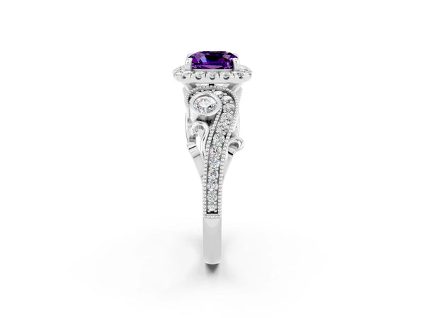 Platinum Cushion Cut Amethyst Halo Ring with Milgrain Pavé Band and Four-Prong Setting