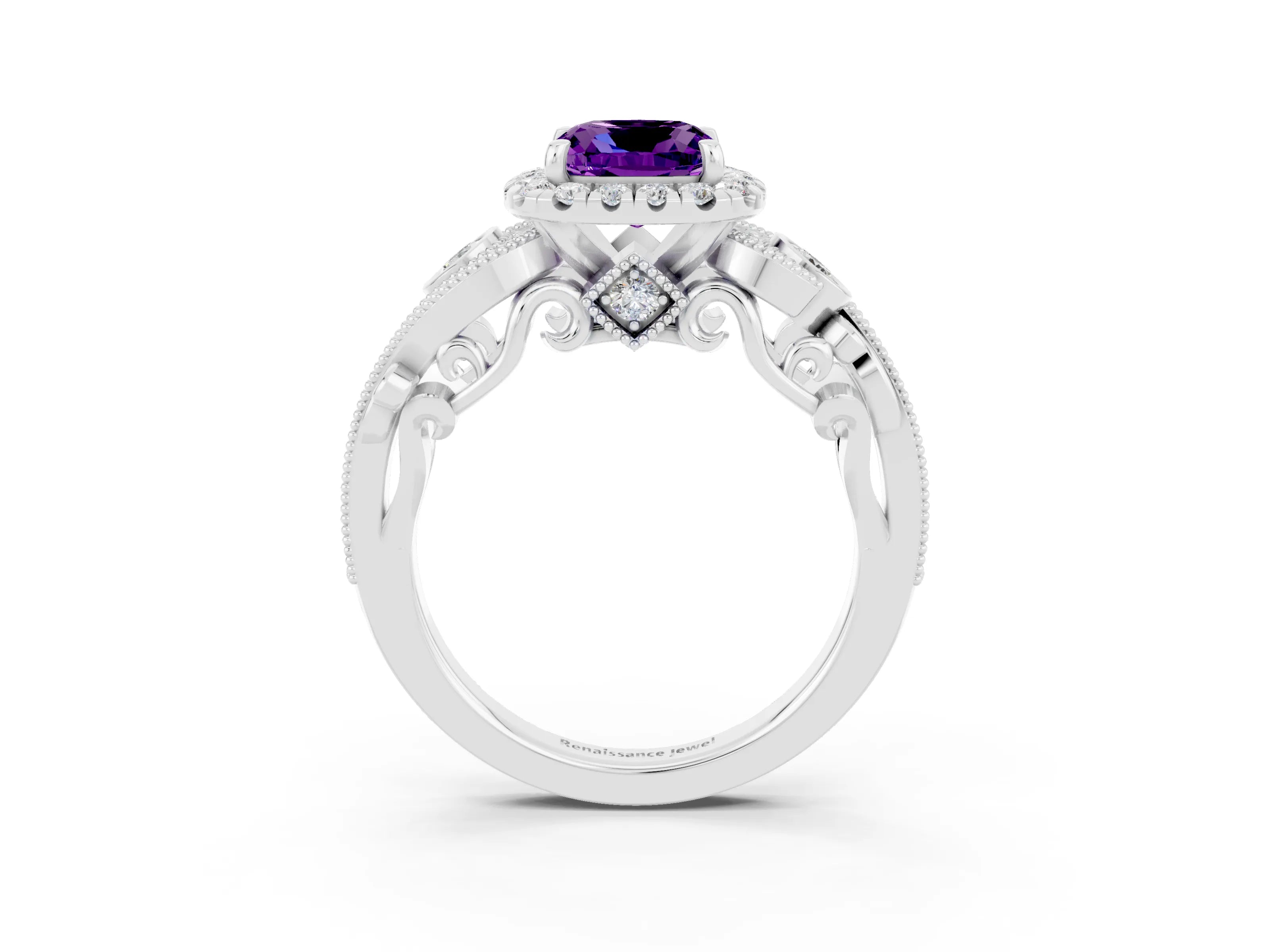 White gold Cushion Cut Amethyst Halo Ring with Milgrain Pavé Band and Four-Prong Setting_15