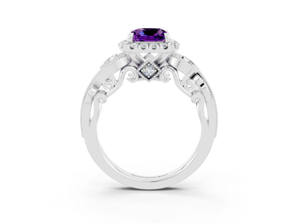 Silver Cushion Cut Amethyst Halo Ring with Milgrain Pavé Band and Four-Prong Setting