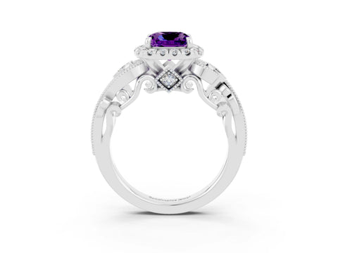 White gold Cushion Cut Amethyst Halo Ring with Milgrain Pavé Band and Four-Prong Setting_15