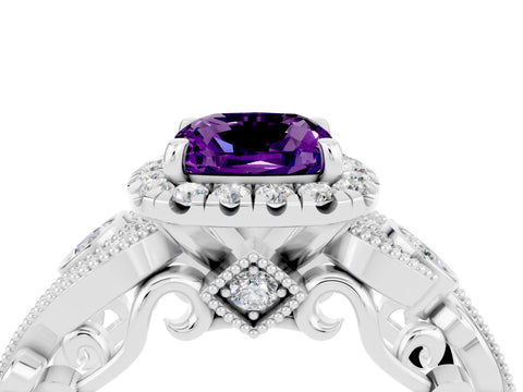 White gold Cushion Cut Amethyst Halo Ring with Milgrain Pavé Band and Four-Prong Setting_16