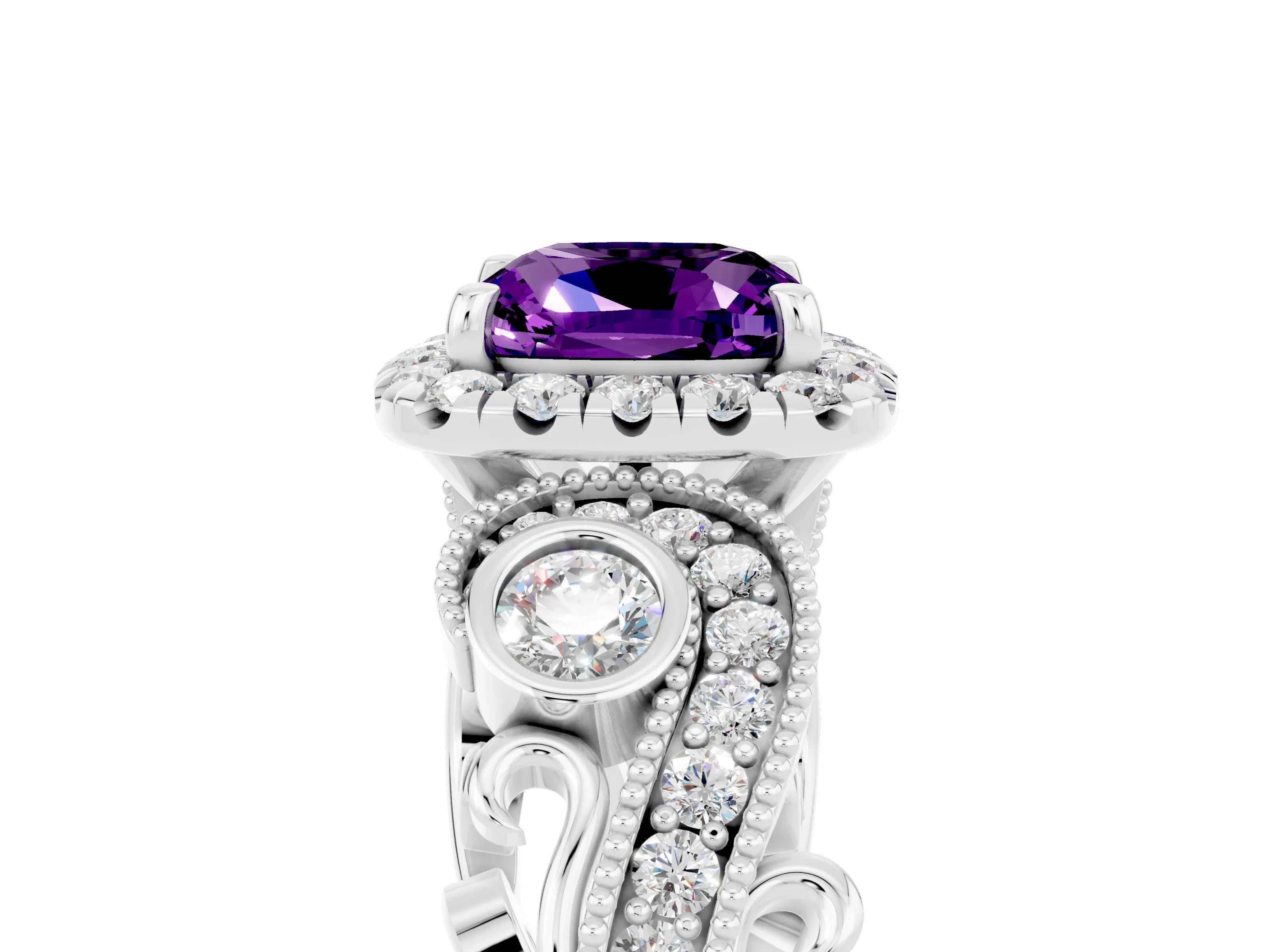 White gold Cushion Cut Amethyst Halo Ring with Milgrain Pavé Band and Four-Prong Setting_17