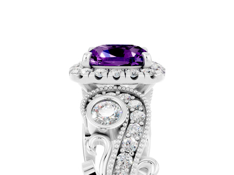 White gold Cushion Cut Amethyst Halo Ring with Milgrain Pavé Band and Four-Prong Setting_17