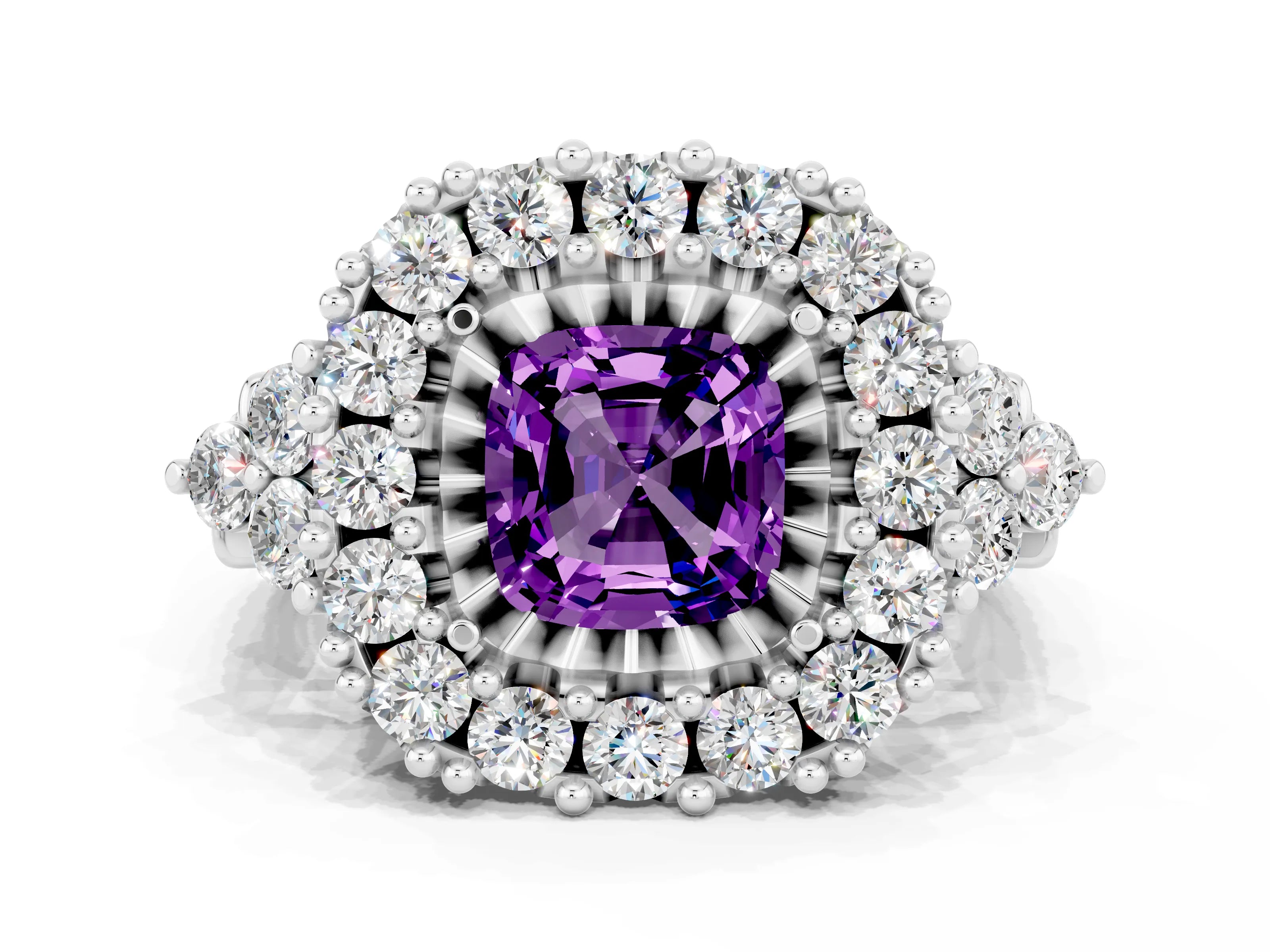 White gold Cushion Cut Amethyst Halo Ring with Pavé Band and Four-Prong Setting_12