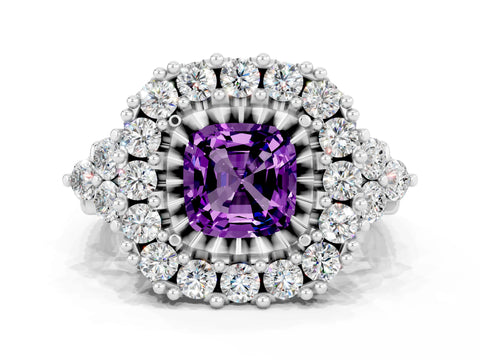 White gold Cushion Cut Amethyst Halo Ring with Pavé Band and Four-Prong Setting_12