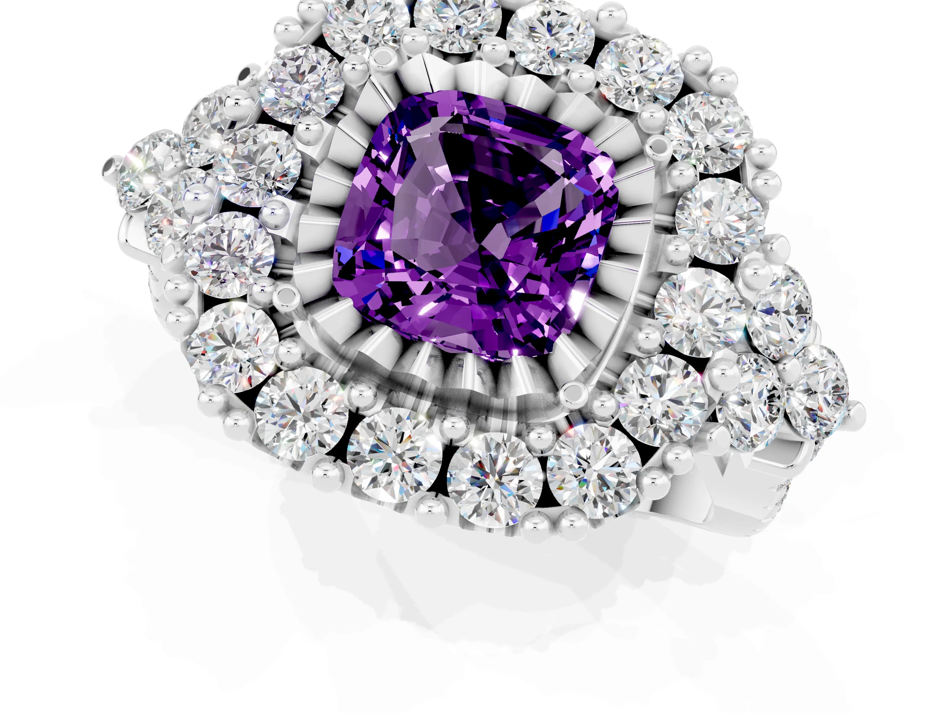 White gold Cushion Cut Amethyst Halo Ring with Pavé Band and Four-Prong Setting_13