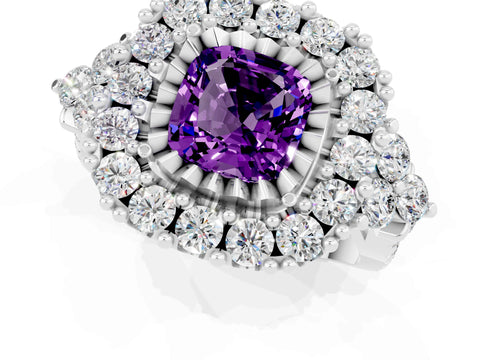 White gold Cushion Cut Amethyst Halo Ring with Pavé Band and Four-Prong Setting_13