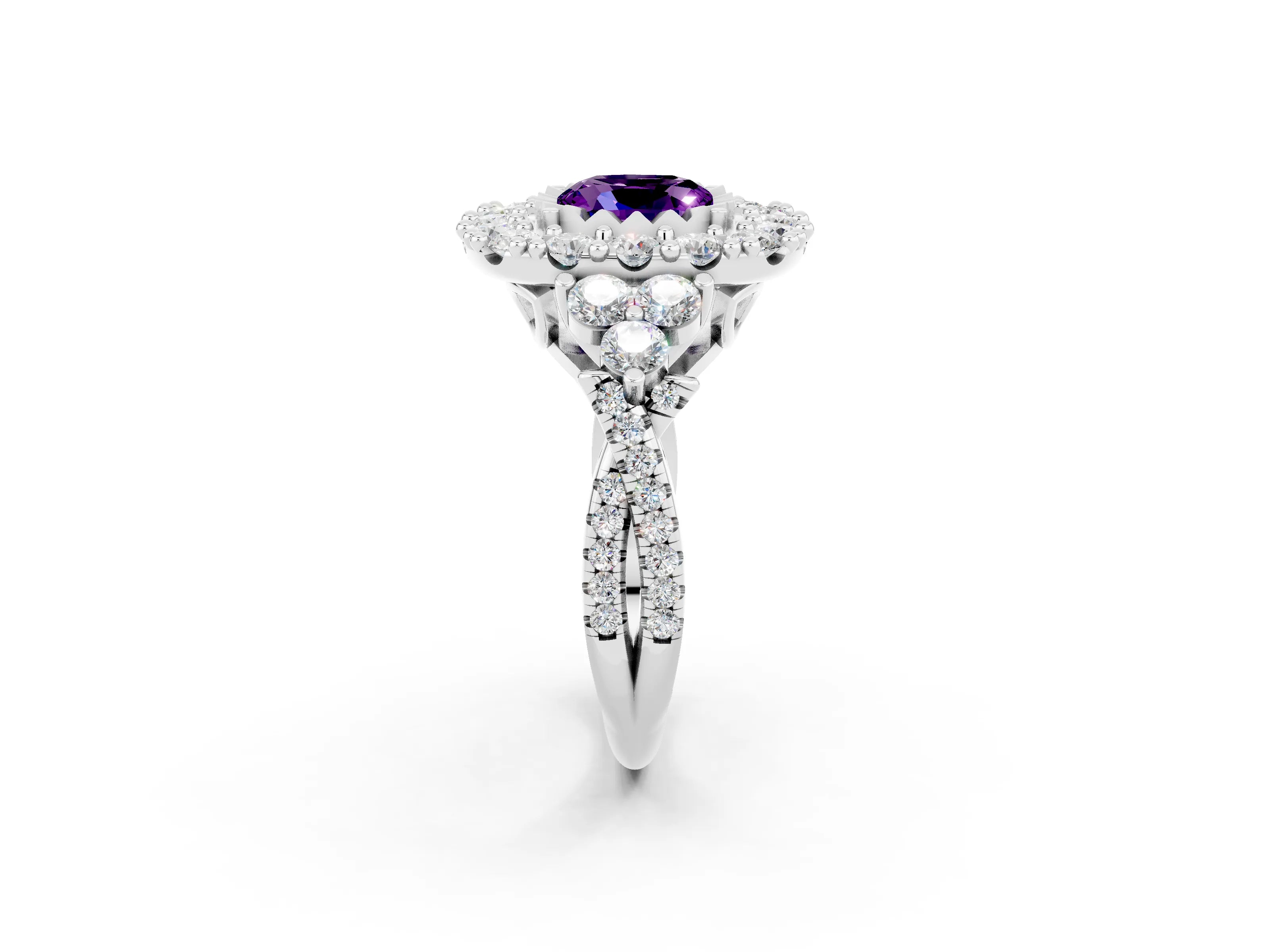 White gold Cushion Cut Amethyst Halo Ring with Pavé Band and Four-Prong Setting_14