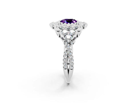 White gold Cushion Cut Amethyst Halo Ring with Pavé Band and Four-Prong Setting_14