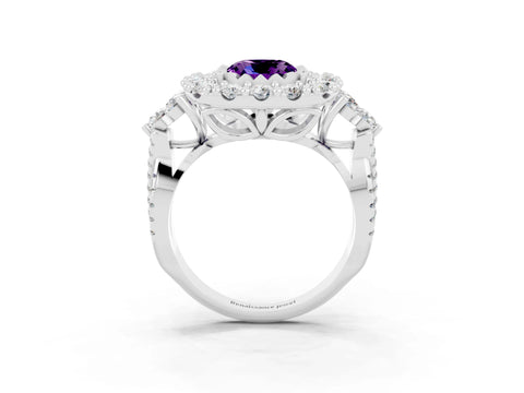 White gold Cushion Cut Amethyst Halo Ring with Pavé Band and Four-Prong Setting_15