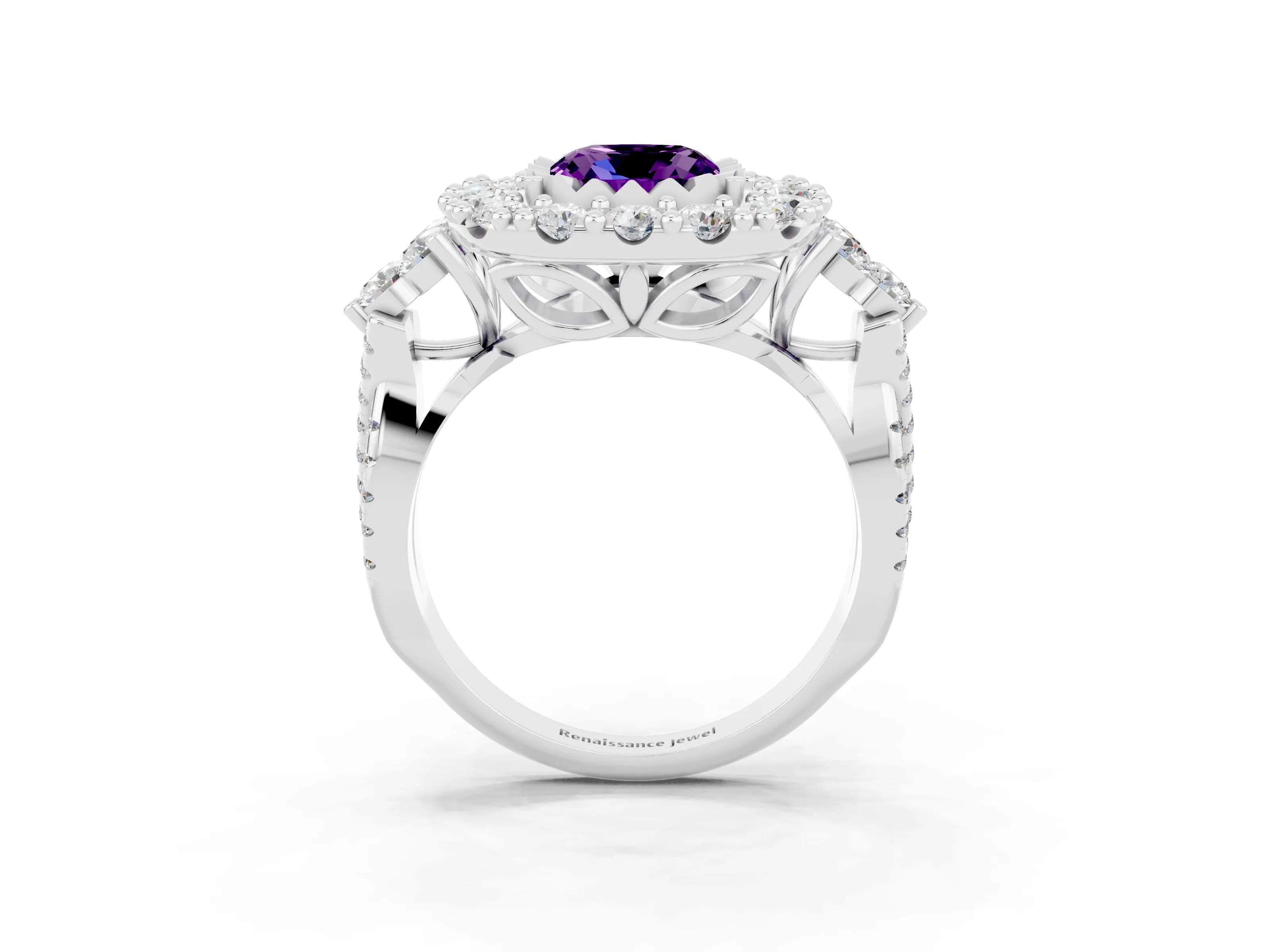 White gold Cushion Cut Amethyst Halo Ring with Pavé Band and Four-Prong Setting_15