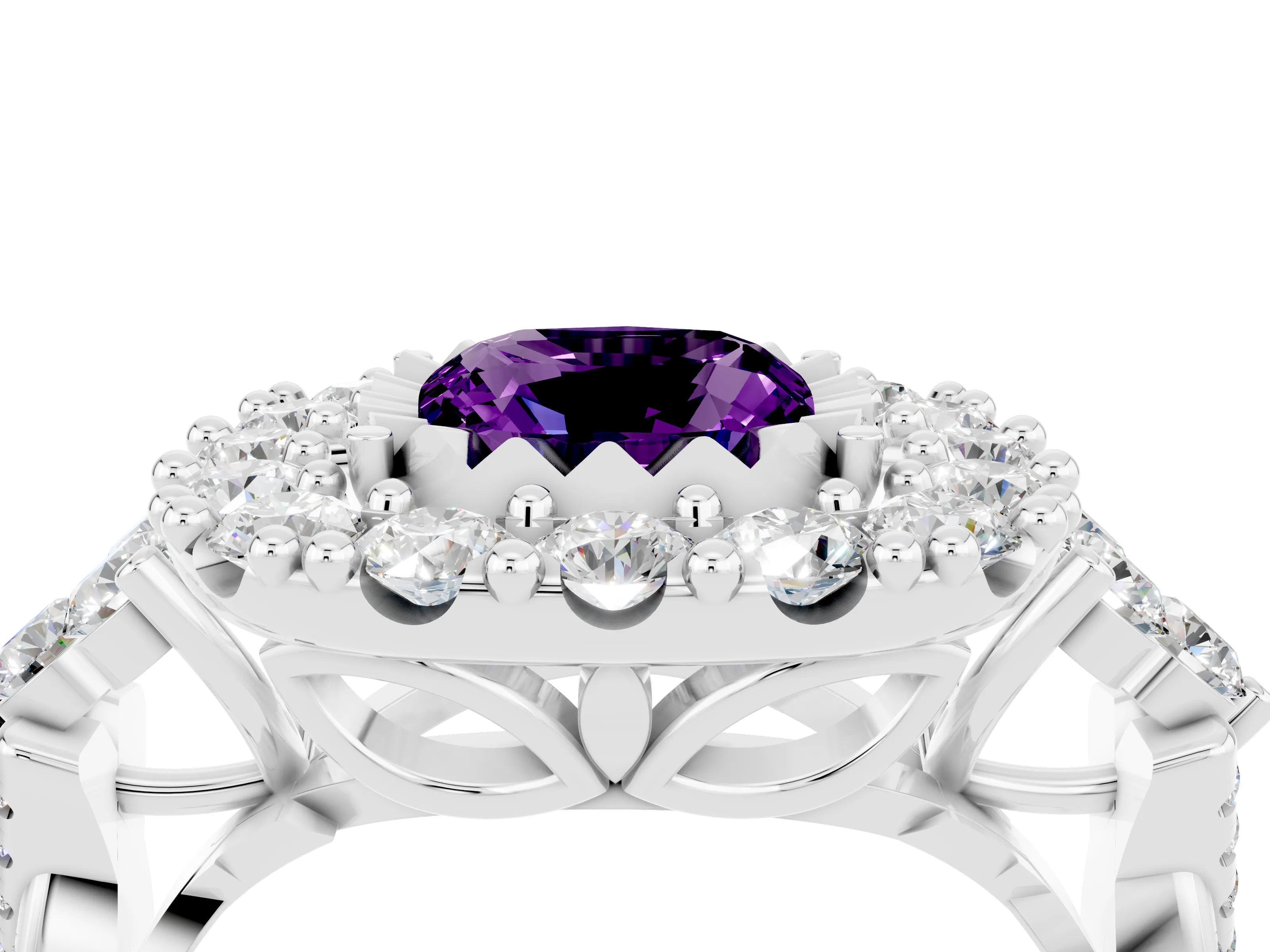White gold Cushion Cut Amethyst Halo Ring with Pavé Band and Four-Prong Setting_16