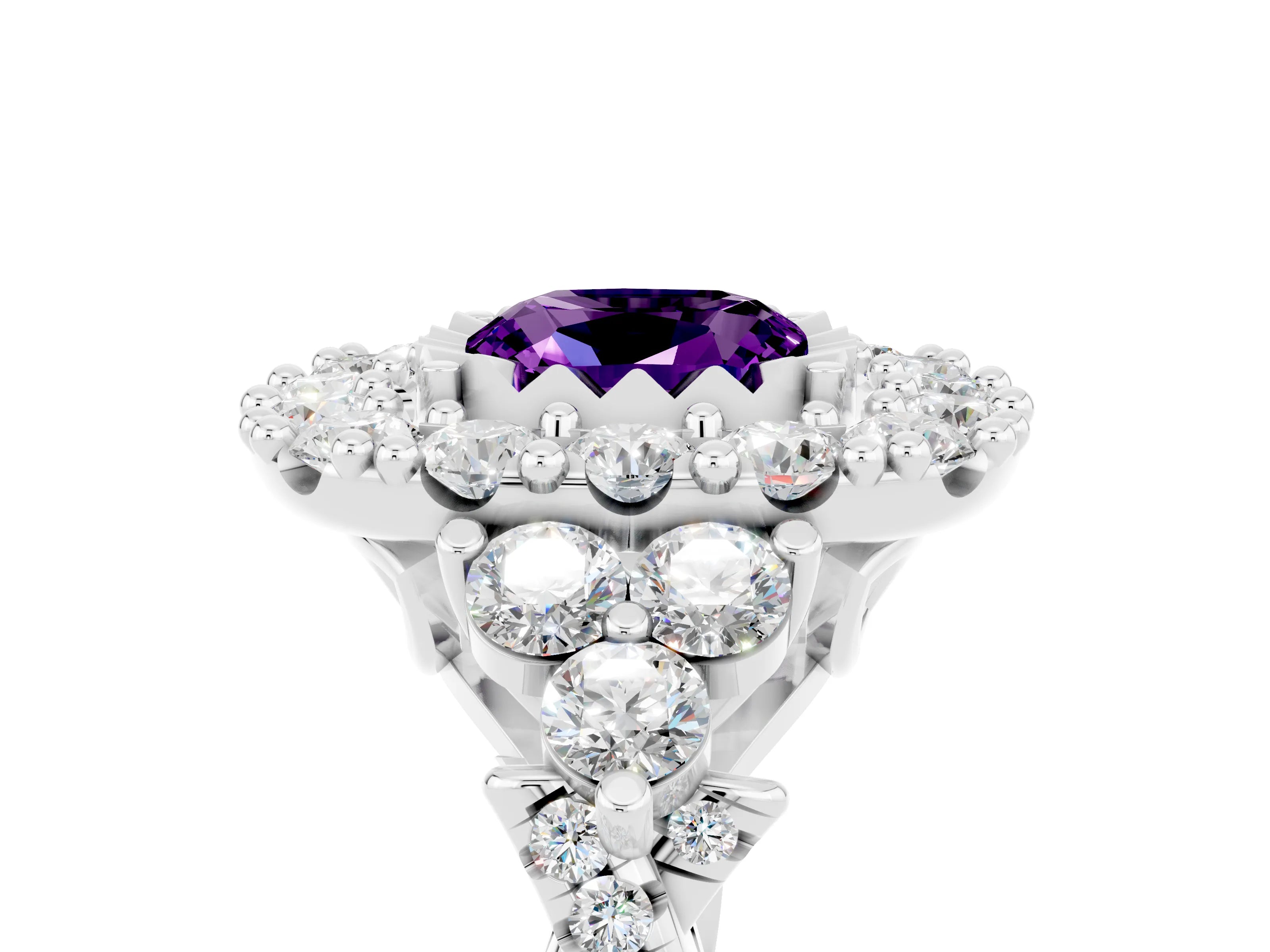 White gold Cushion Cut Amethyst Halo Ring with Pavé Band and Four-Prong Setting_17