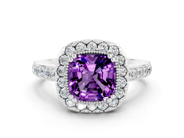 Platinum Cushion Cut Amethyst Halo Ring with Pavé Band and Prong Setting