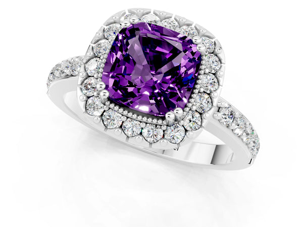 Platinum Cushion Cut Amethyst Halo Ring with Pavé Band and Prong Setting