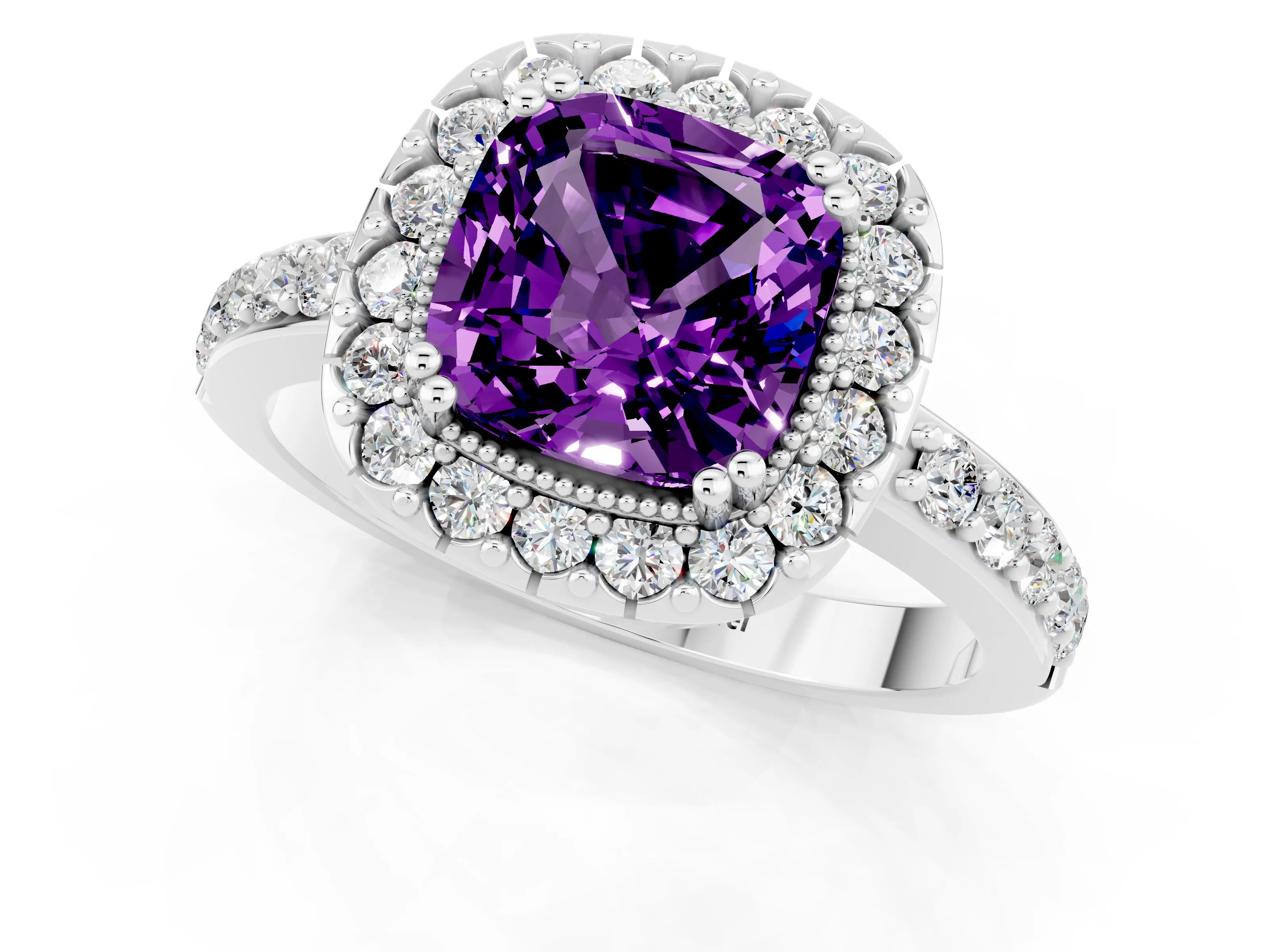 White gold Cushion Cut Amethyst Halo Ring with Pavé Band and Prong Setting_1