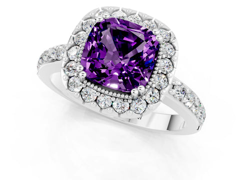 White gold Cushion Cut Amethyst Halo Ring with Pavé Band and Prong Setting_1