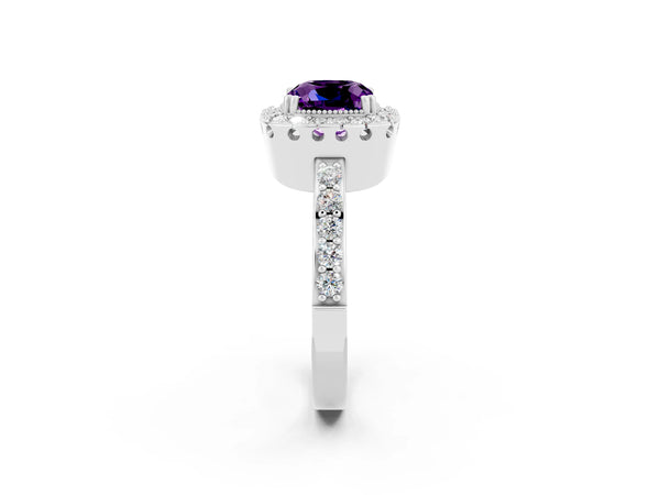Platinum Cushion Cut Amethyst Halo Ring with Pavé Band and Prong Setting