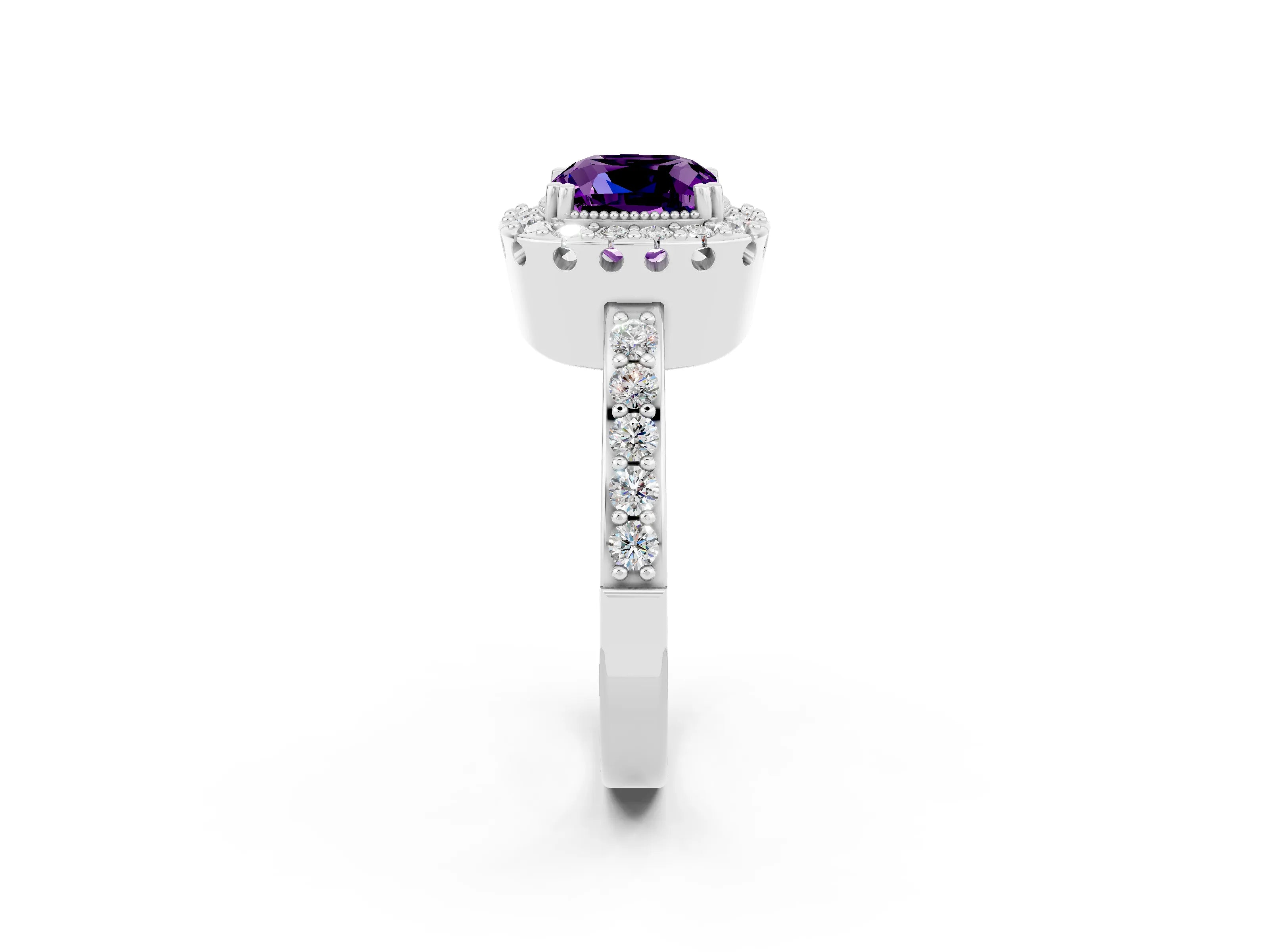 White gold Cushion Cut Amethyst Halo Ring with Pavé Band and Prong Setting_2