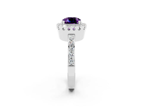 White gold Cushion Cut Amethyst Halo Ring with Pavé Band and Prong Setting_2