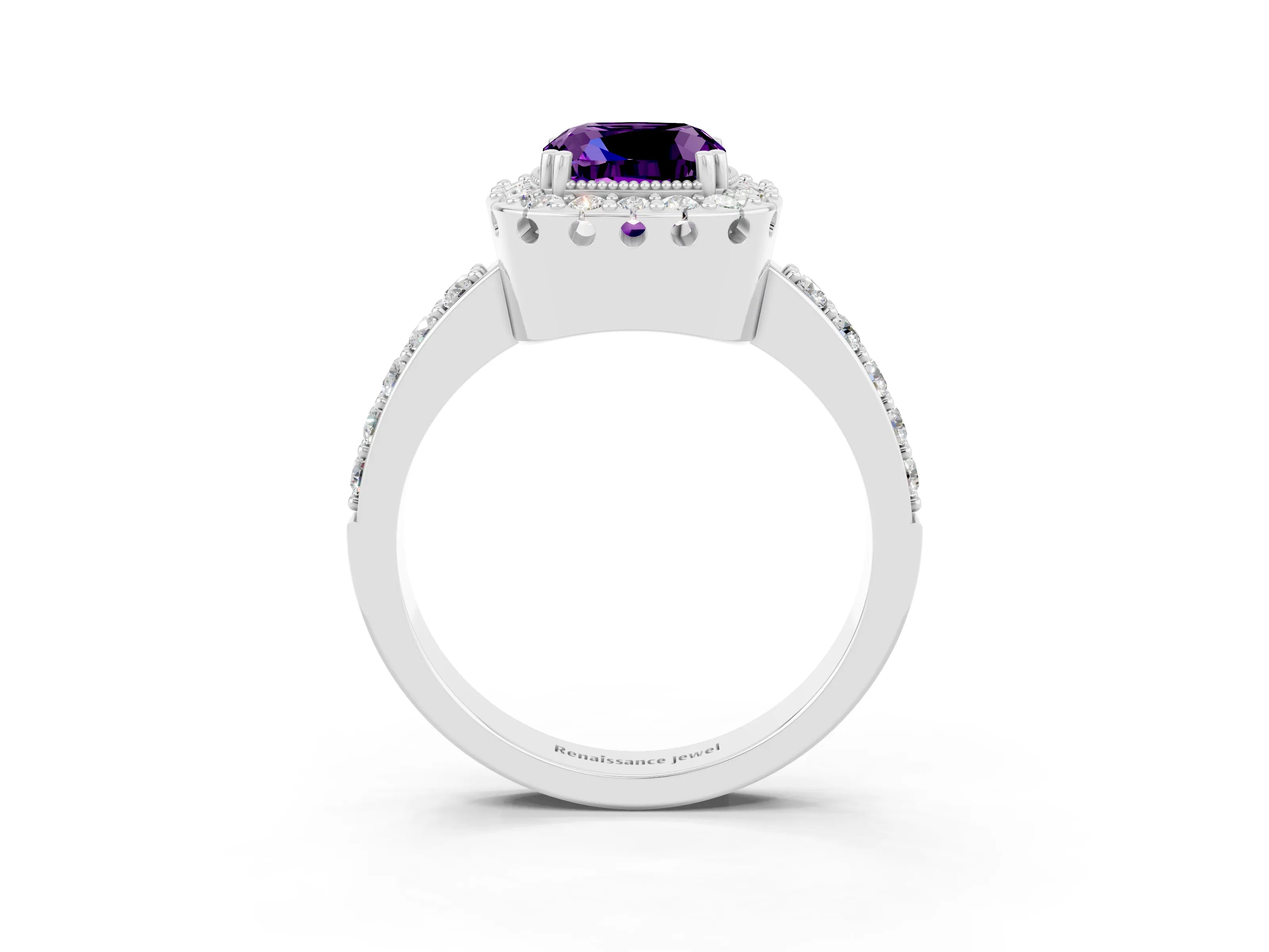 White gold Cushion Cut Amethyst Halo Ring with Pavé Band and Prong Setting_3