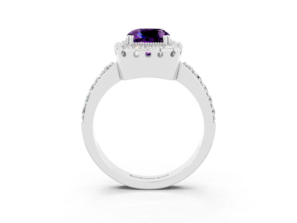 Silver Cushion Cut Amethyst Halo Ring with Pavé Band and Prong Setting