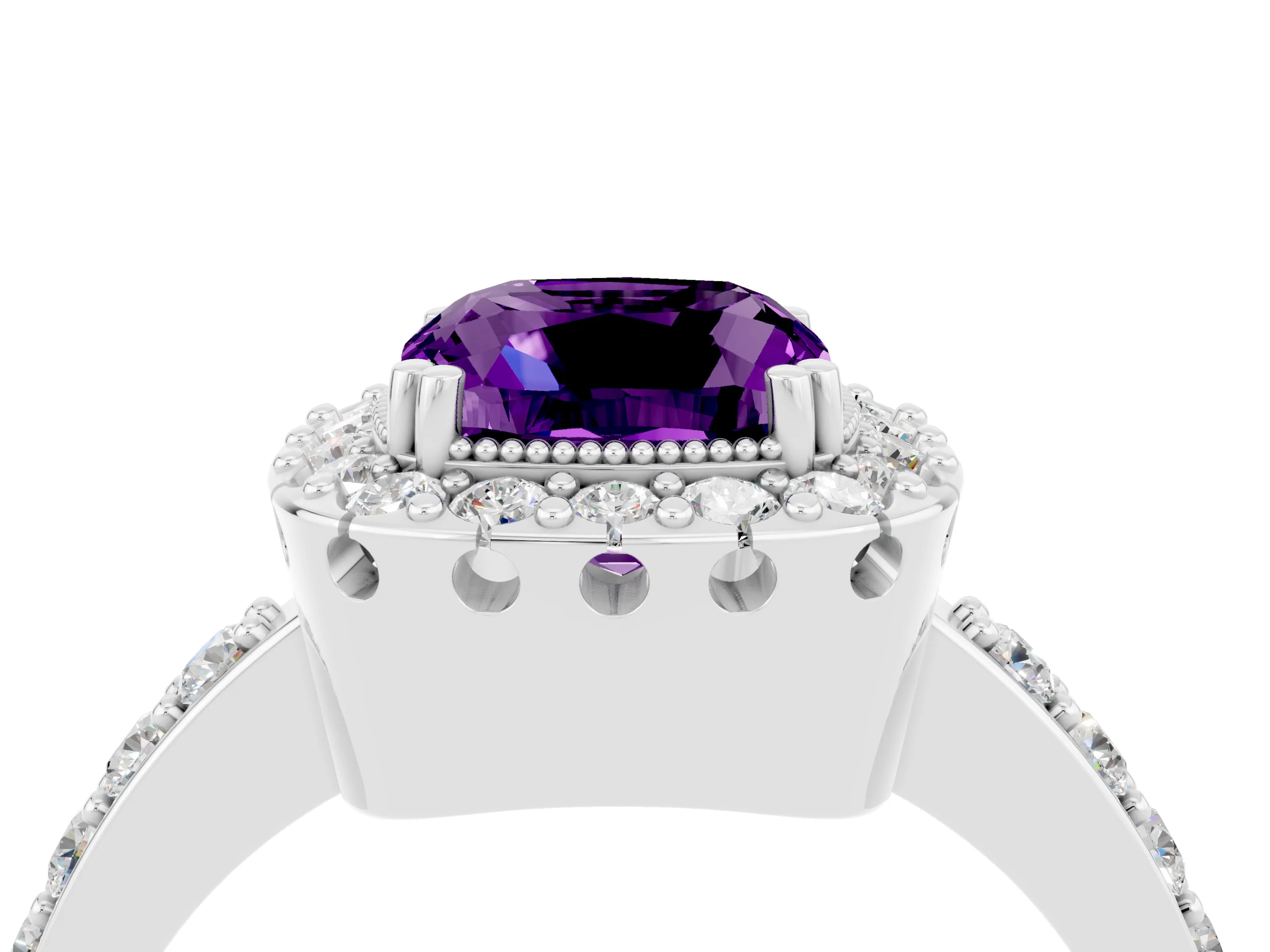 White gold Cushion Cut Amethyst Halo Ring with Pavé Band and Prong Setting_4