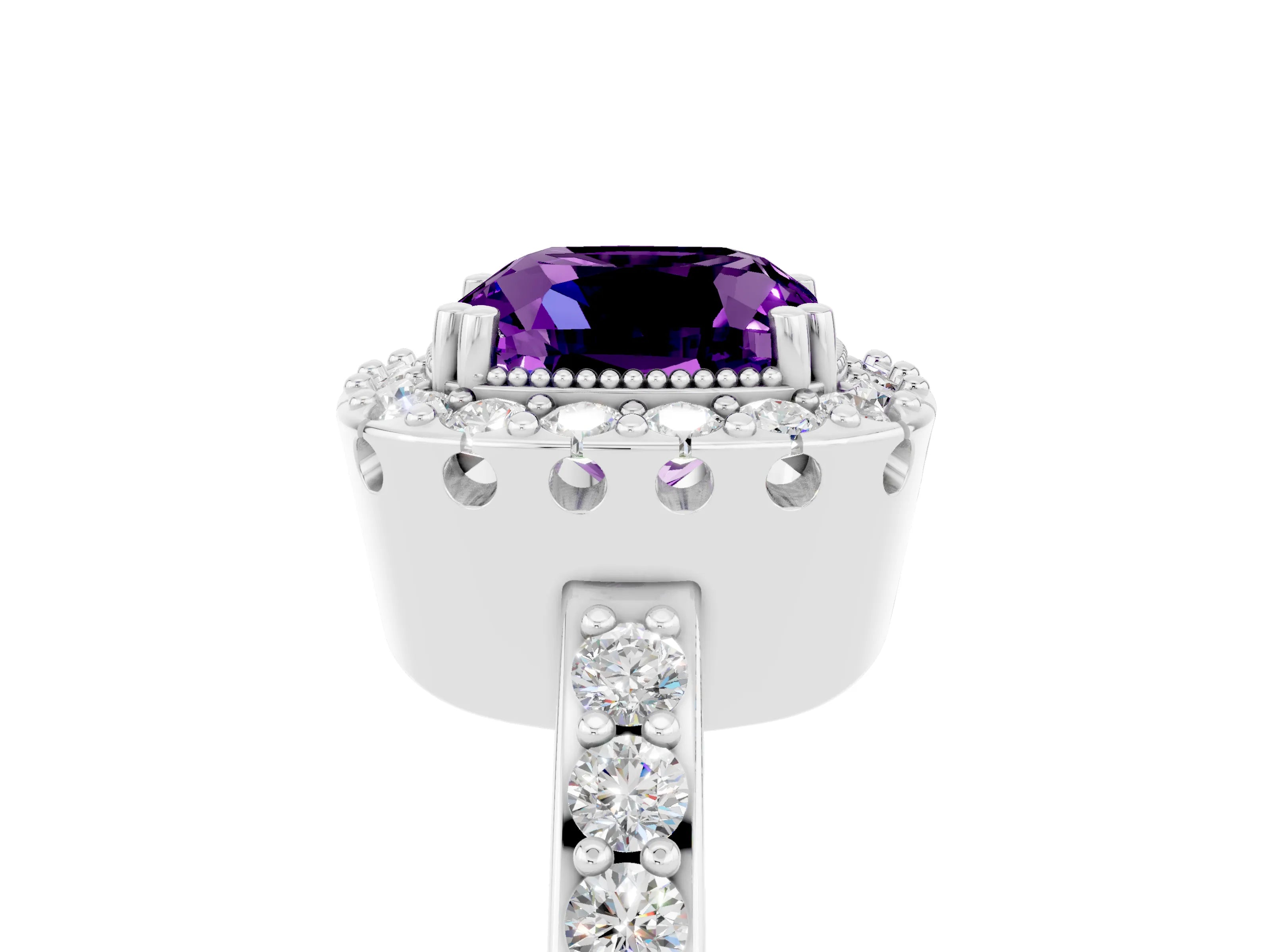 White gold Cushion Cut Amethyst Halo Ring with Pavé Band and Prong Setting_5