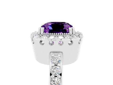White gold Cushion Cut Amethyst Halo Ring with Pavé Band and Prong Setting_5
