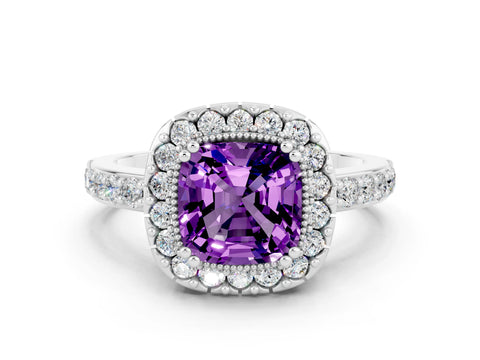 White gold Cushion Cut Amethyst Halo Ring with Pavé Band and Prong Setting