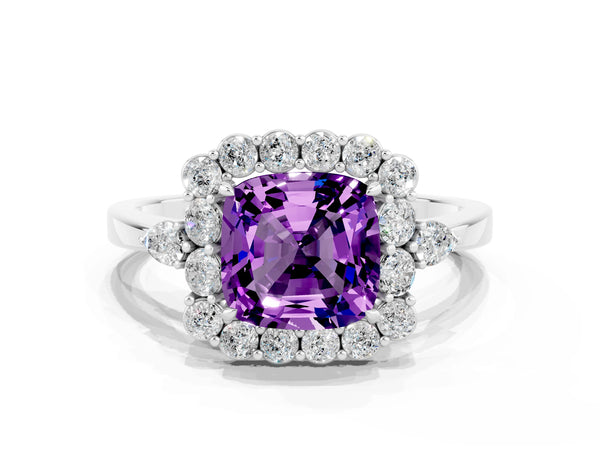 Platinum Cushion Cut Amethyst Halo Ring with Pear Side Stones and Prong Setting