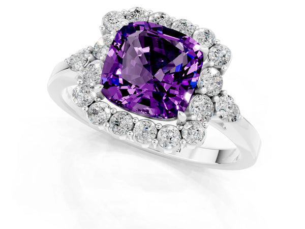 Platinum Cushion Cut Amethyst Halo Ring with Pear Side Stones and Prong Setting